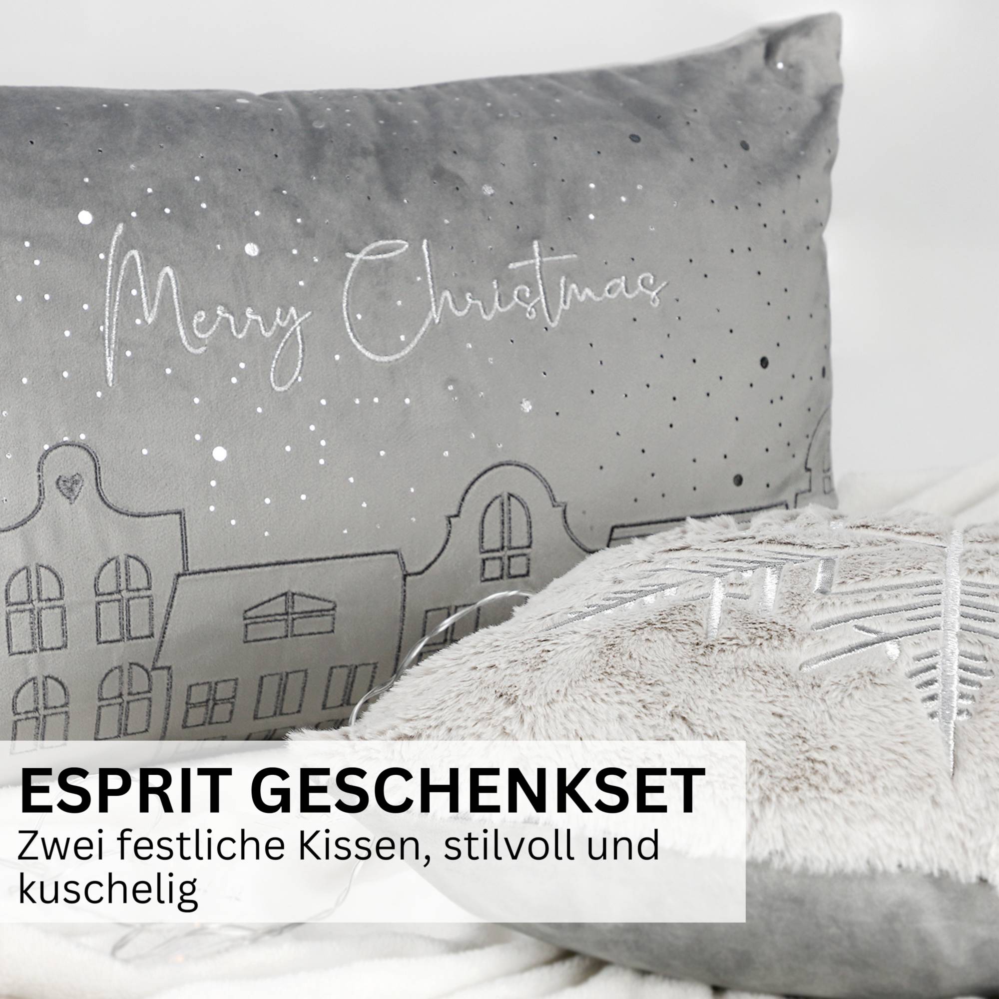 2er Set Kissenhüllen – Häuser 40x60 cm & Schneeflocke 38x38 cm – Gestickt, Winter Design