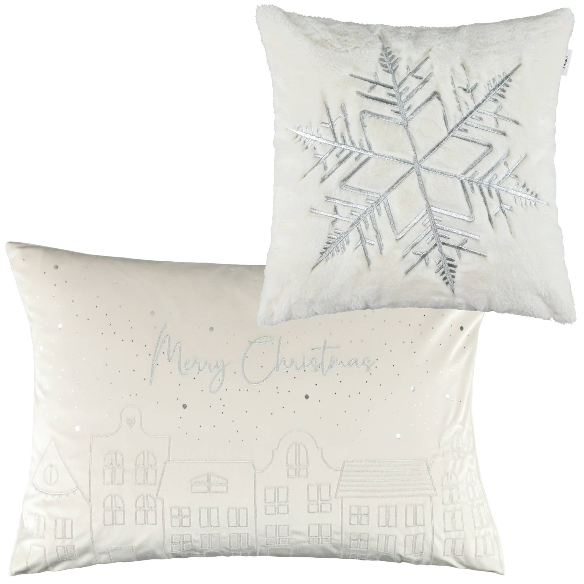 2er Set Kissenhüllen – Häuser 40x60 cm & Schneeflocke 38x38 cm – Gestickt, Winter Design