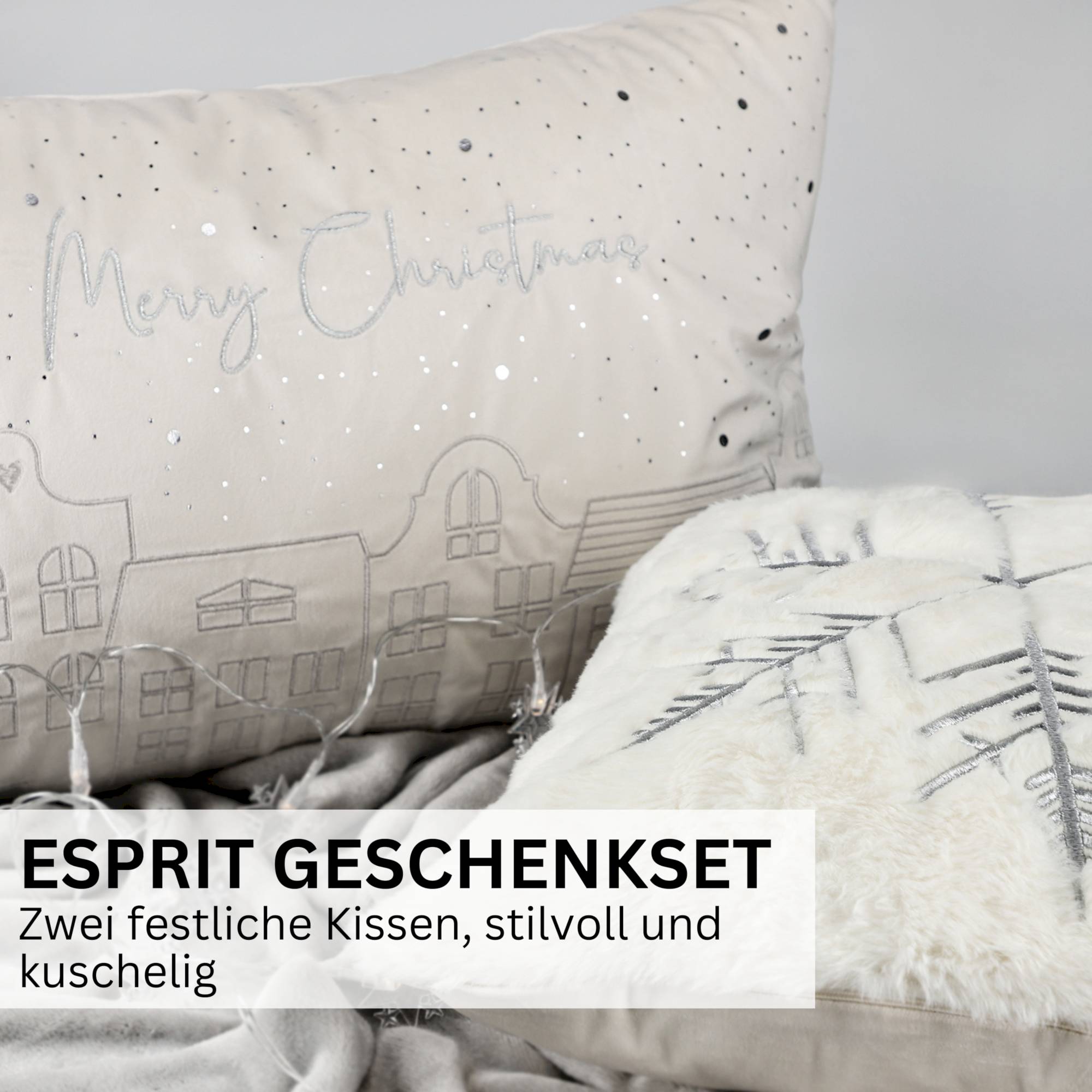 2er Set Kissenhüllen – Häuser 40x60 cm & Schneeflocke 38x38 cm – Gestickt, Winter Design
