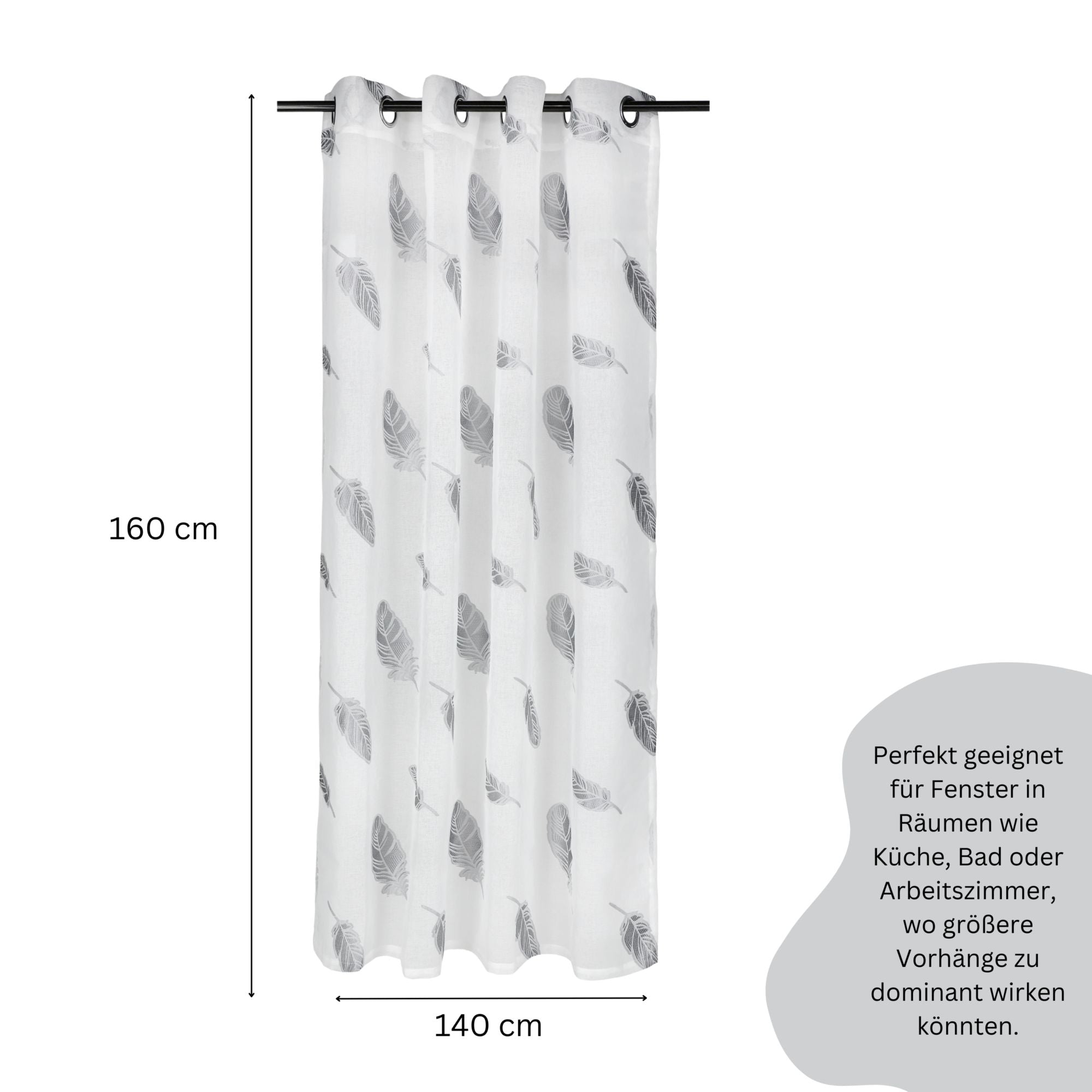 Transparenter Ösenschal mit grauen Federn auf hellem Stoff, 140x160cm - WohnDirect.com - Heimtextilien für stilvolles Wohnambiente