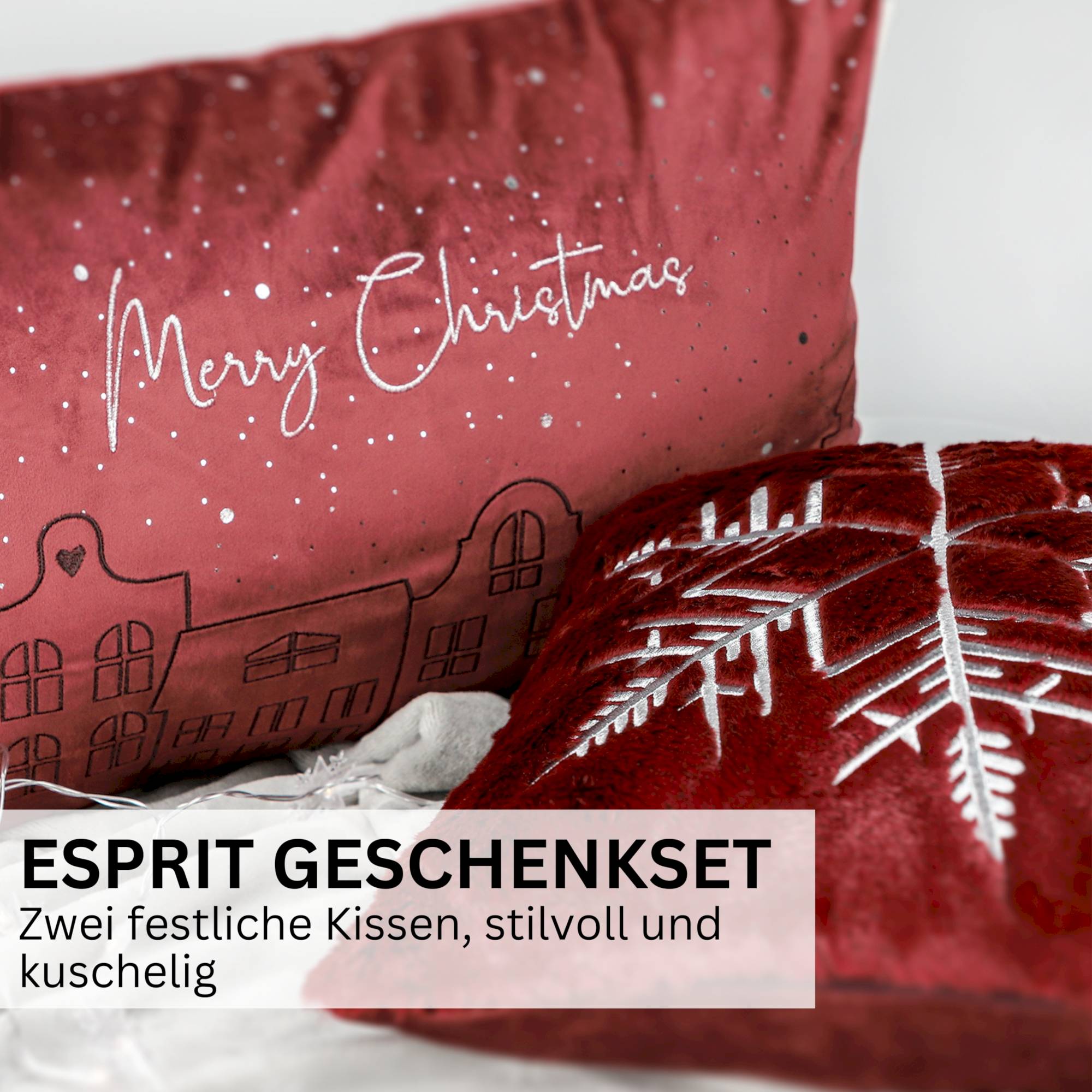 2er Set Kissenhüllen – Häuser 40x60 cm & Schneeflocke 38x38 cm – Gestickt, Winter Design