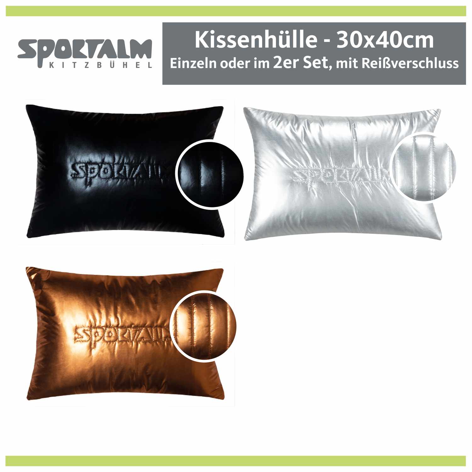 Wattierde Zierkissenhülle • abgesteppter Schriftzug • Skijackenoptik • 30 x 40 cm