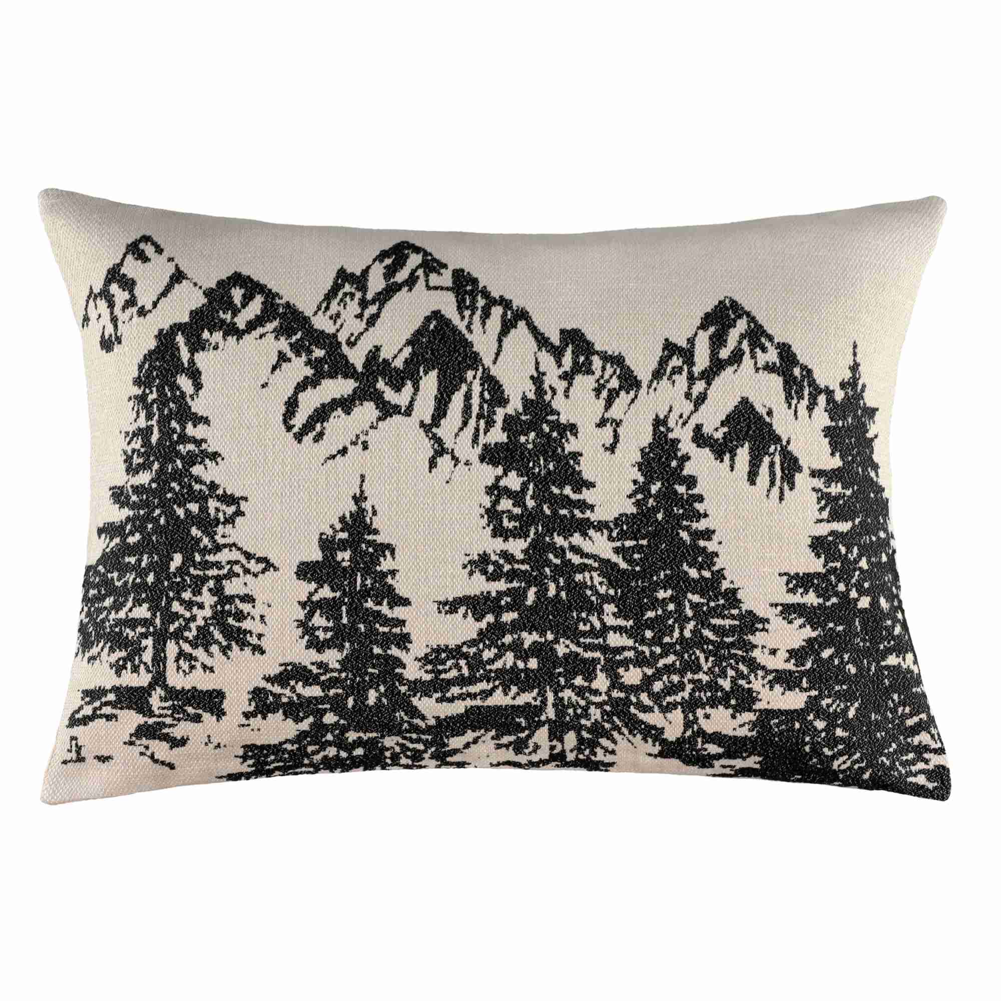 Gewebte Zierkissenhülle in Beige mit Wald- und Bergmotiv für einen rustikalen Look, 40x60cm