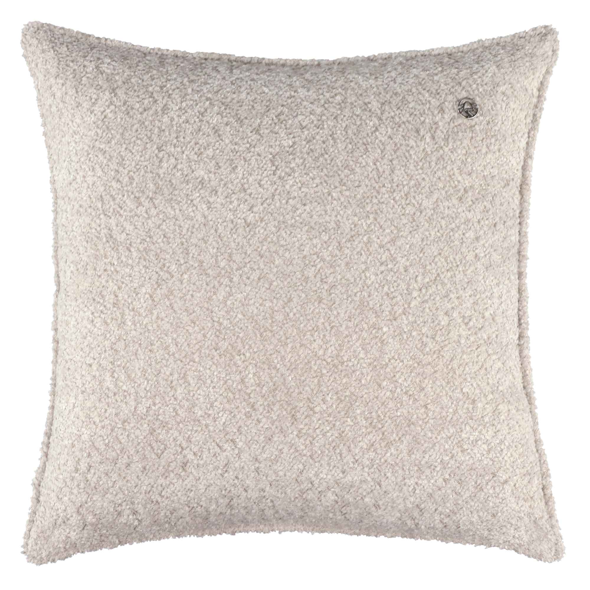 Stilvolle Bouclé-Zierkissenhülle mit Paspel und silbernem Signet, 45x45cm